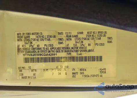 2012 Ford E-250 Commercial from USA, damaged, VIN 1FTNS2EW8CDA42891